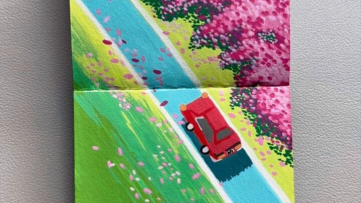 ถนนแห่งดอกไม้สู่ฤดูใบไม้ผลิ #วาดภาพด้วยปากกามาร์คเกอร์อะคริลิก #เรียนวาดภาพสำหรับมือใหม่ #ทิวทัศน์อบ