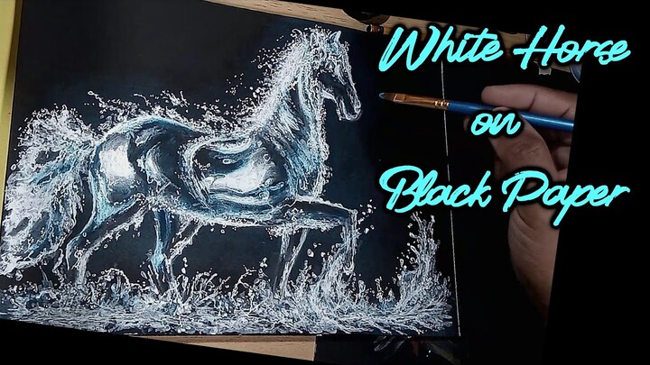Painting White Horse on Black Paper | Water Horse