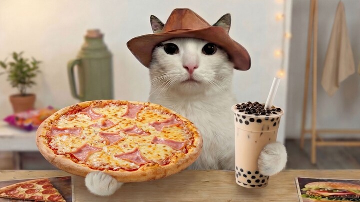 Mèo ăn gì thế này? (Pizza phô mai siêu kéo sợi làm Mì bất ngờ quá!)