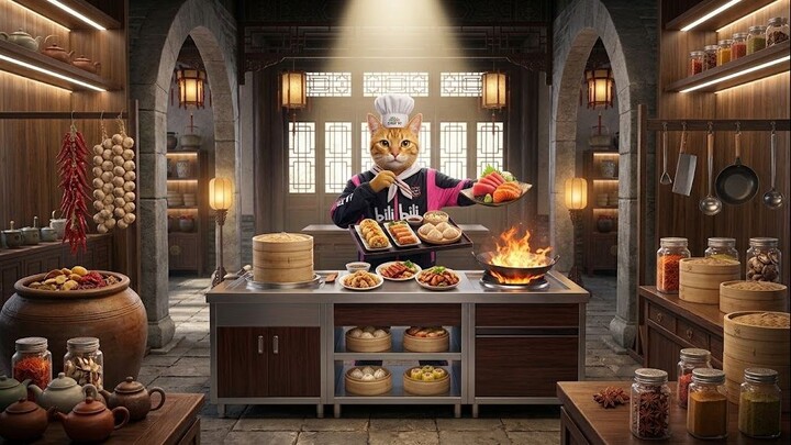治愈系ASMR：看萌宠猫咪大师制作精美中餐