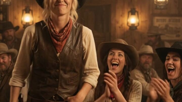 Cowgirl Performing Gun Tricks in the Saloon