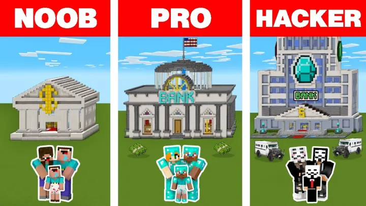 Minecraft NOOB vs PRO vs HACKER: FAMILY SECURE BANK HOUSE BUILD CHALLENGE / Animation