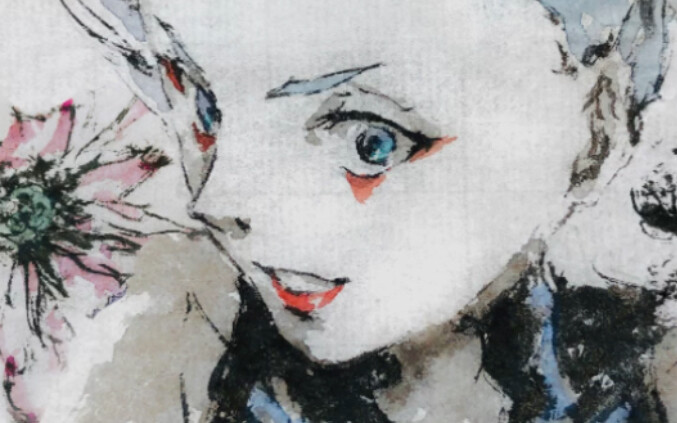 Vẽ Lucy cyberpunk bằng bút lông, pha chút nét vẽ tranh Trung Quốc.