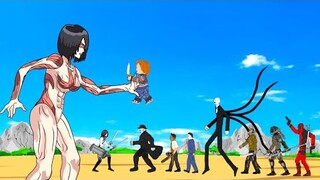 Mikasa Female Titan Vs Slenderman, Deadpool, Chucky, Predator, Leatherface, Jason, Mr.X