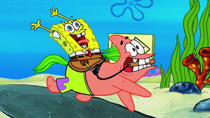 Patrick Star becomes Patrick Horse overnight to watch the horse race with Octopus Horse