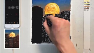 [Oil pastel] Bulan terbit perlahan, memandu jalan pulang