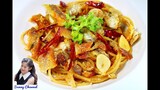 สปาเก็ตตี้ปลาสลิดกรอบพริกแห้ง: Stir-fry Spicy Spaghetti with Crispy Gourami fish l Sunny Thai Food
