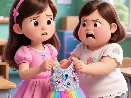 Both little girls want the pretty princess dress.