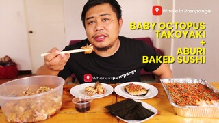 Baby octopus takoyaki + aburi baked sushi