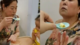 婆婆喜欢嘴里吐饭喂给孙女，儿媳夺下勺子原样反击，婆婆反应高能