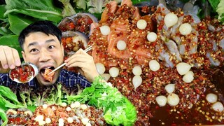 กุ้งสด แซลมอน ปูไข่ดอง ราดน้ำปลาร้าข้นๆเผ็ดๆ แซ่บอิหลีเด้อ -17/6/2021-