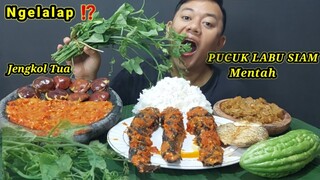 MAKAN LALAPAN JENGKOL MENTAH MANGUT LELE ASAP PEDAS PARE MENTAH IKAN ASIN SAMBAL TERASI PEDAS NIKMAT