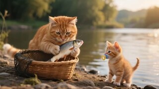 The mother cat and the kitten rescued a lost chick and helped it find its way ho