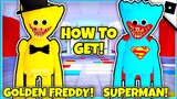 Find the Poppy Playtime Characters - How to get GOLDEN FREDDY HUGGY & SUPERMAN HUGGY MORPHS (ROBLOX)