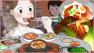 [Animasi Makanan] Pergi ke restoran milik sahabatku untuk makan iga babi panggang arang dan mie ding