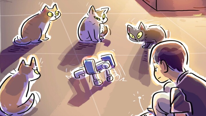 Sekelompok kucing kecil mengamati mainan robot