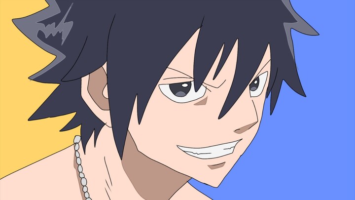 Gambarin Gray yg sedang tersenyum semangat di poster anime
