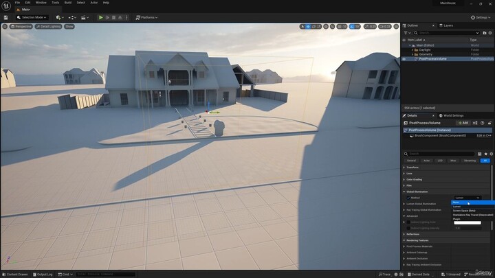 03 Làm việc với geometry trong Unreal Engine - 004 PPV. Interior Sun Light. Fog
