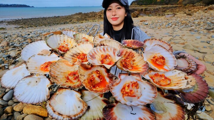 法国抓野生扇贝，半小时抓10斤，蒜蓉炭烤滋味棒！| 扇贝 | 生蚝 | 赶海 | 法国 | 烧烤 | 海鲜 |