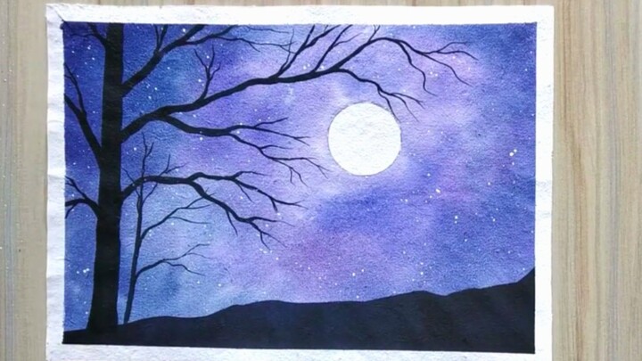 [Cat Air untuk Pemula] Cahaya bulan di hutan lukisan cat air pemula yang super sederhana