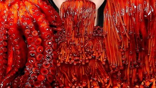 ASMR เห็ดเข็มทองเผ็ด ปลาหมึกยักษ์ BLACK BEAN ENOKI MUSHROOMS OCTOPUS เสียงกิน กินเสียง ZOEY ASMR