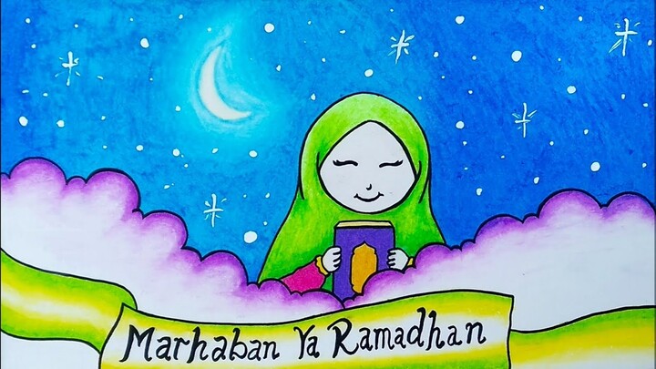 Menggambar poster Marhaban Ya Ramadhan || Cara menggambar tema Ramadhan
