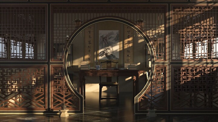 中国古代宫廷风格建筑模型展示  室内书房特写