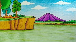 Menggambar pemandangan danau || Cara menggambar dan mewarnai danau