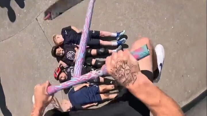 Challenge yourself to jump over as many kids as possible with your scooter!