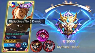 NEW RANK MYTHIC HONOR DYRROTH + NEW RED BUILD & EMBLEM LIFESTEAL HAACCKKKK!!