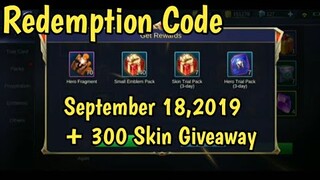 Redemption Code in Mobile Legends | September 18,2019 + 300 Skin Giveaway