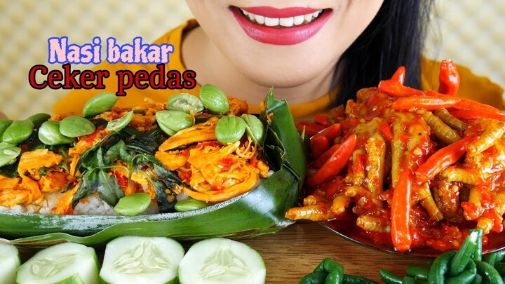 ASMR CEKER PEDAS DAN NASI BAKAR AYAM SUWIR KEMANGI | EATING SOUNDS