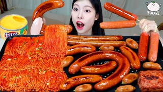 ASMR MUKBANG| 직접 만든 불닭 버섯 소세지 먹방 & 레시피 FRIED SAUSAGES AND FIRE NOODLES EATING