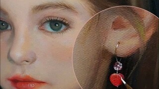 Oil painting of a girl's earrings, depicting the details of small jewelry
