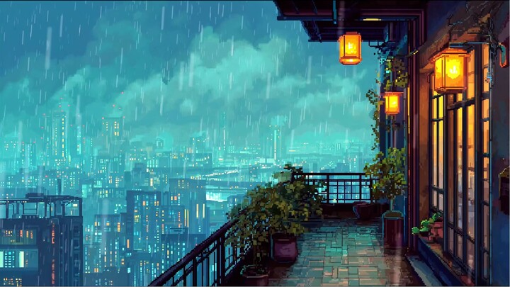 「像素赛博阳台」1小时LoFi雨声 · 放松专注氛围 · 温暖霓虹城市景观