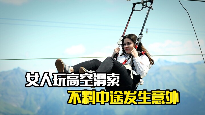 Woman rides a zipline, but an accident occurs mid-trip—like something out of a drama.