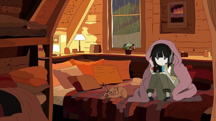 [Playing games in a cabin on a rainy day] 45-minute sedentary reminder//Rain sounds/Playing games so