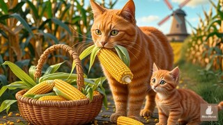 Mama Cat and Kitten Harvest Corn and Make Sweet Corn Milk at Their Cozy Loving H