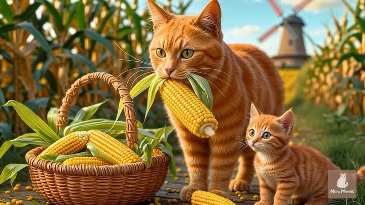 Mama Cat and Kitten Harvest Corn and Make Sweet Corn Milk at Their Cozy Loving H