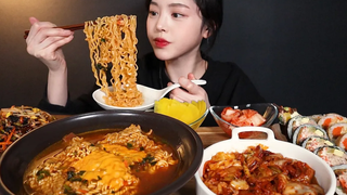 SUB) Cheese Ramyeon Jeyuk Deopbap Kimbap Mukbang ASMR