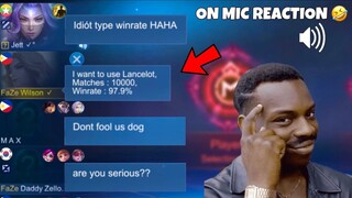 LANCELOT 10,000 MATCHES PRANK!! 🤣 | FAKE WINRATE PRANK ON MIC!! | THEIR REACTIONS WERE HILARIOUS!