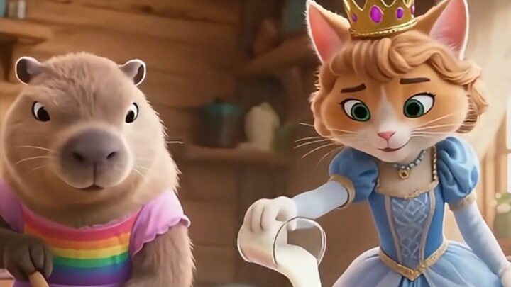 Capybara is mopping the floor and the cat is spilling milk on the floor