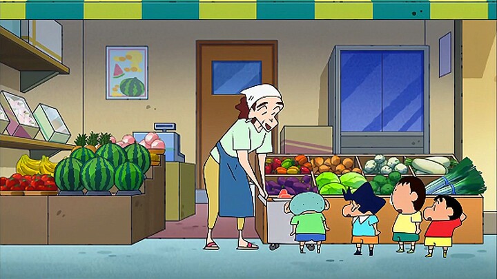 "The little figure is busy at the market, helping his mother carefully select fresh vegetables. The 