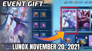 November 20 2021 Lunox New Skin Event Tasks | Updated In The Shop | Skills Review Update | MLBB