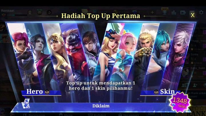 topup 1 diamon dikasih 1 hero dan skin spesial bebas pilih, mantap muntun😁🔥🔥🔥❗❗⁉️