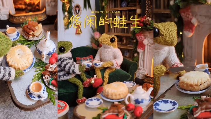 The weather is getting colder, the little frog is eating baked pie, drinking hot tea and enjoying fr