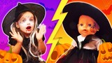 Halloween makeup for baby Annabell & Halloween costume for kids. Kids pretend play witches.