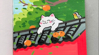 丙烯马克笔画秋日屋顶猫咪风景画，一学就会。#绘画教程 #丙烯马克笔绘画 #秋天风景画