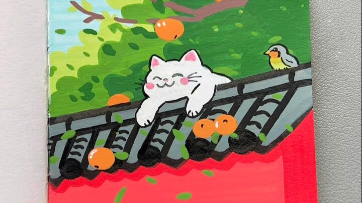 Vẽ tranh phong cảnh mái nhà mùa thu với mèo bằng bút lông acrylic, học một lần là thành thạo. #Hướng