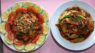 hai món chay không thể thiếu. nấm cuộn đậu hủ. thịt chay sào tương